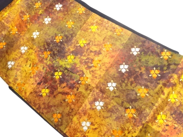 リサイクル　格子に抽象花模様織出し名古屋帯